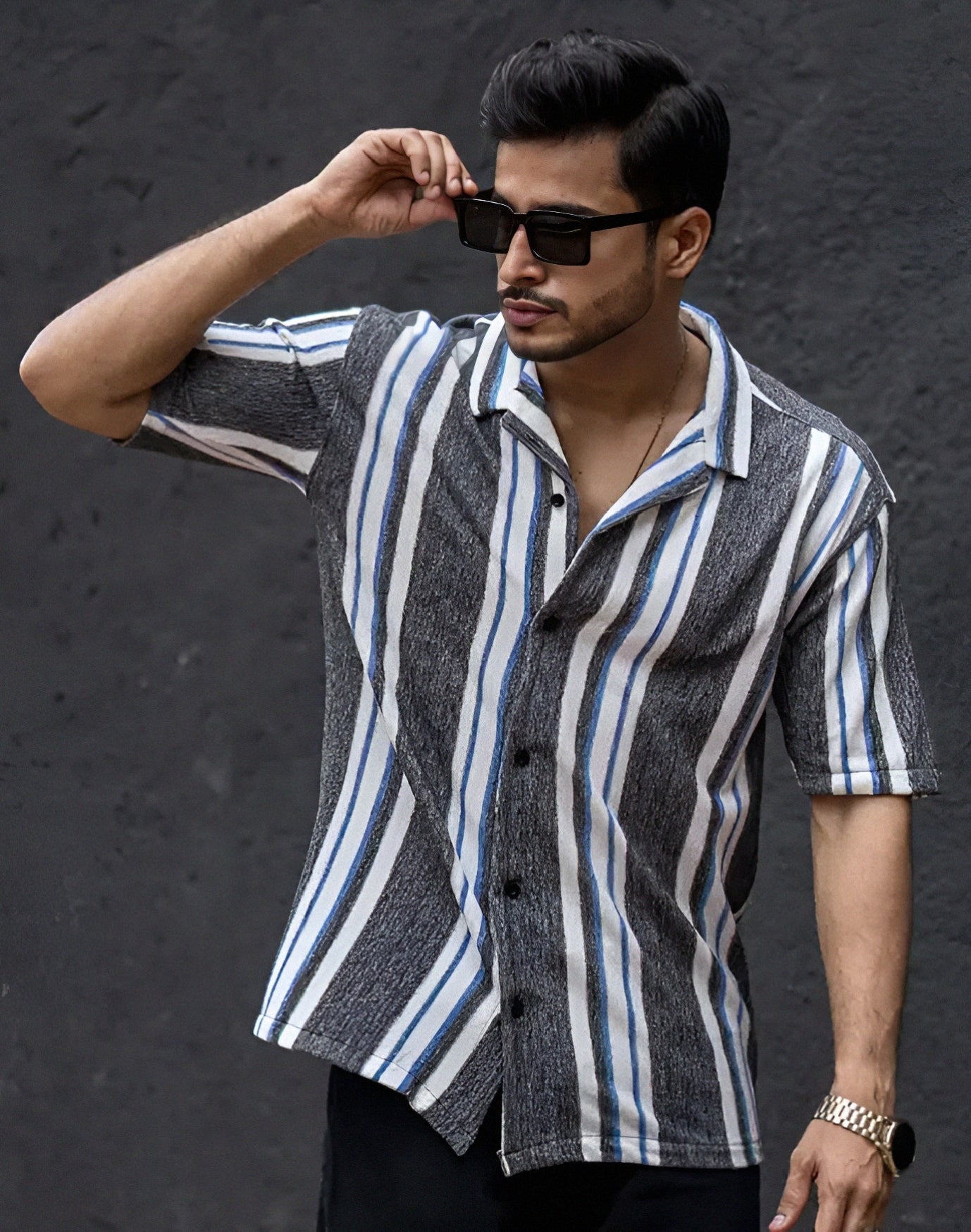 Men's striped collar neck half sleeve black cotton oversized shirt