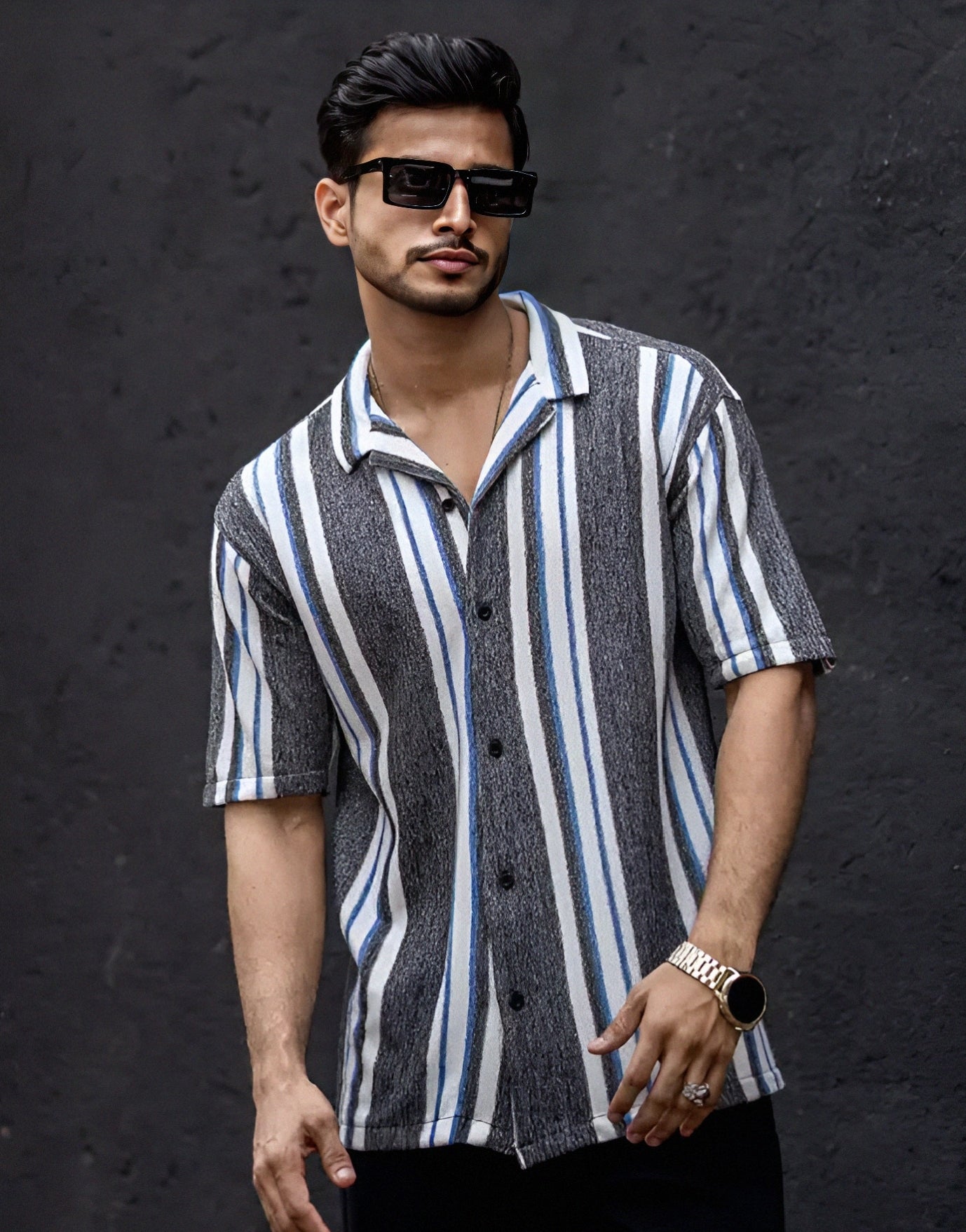 Men's striped collar neck half sleeve black cotton oversized shirt