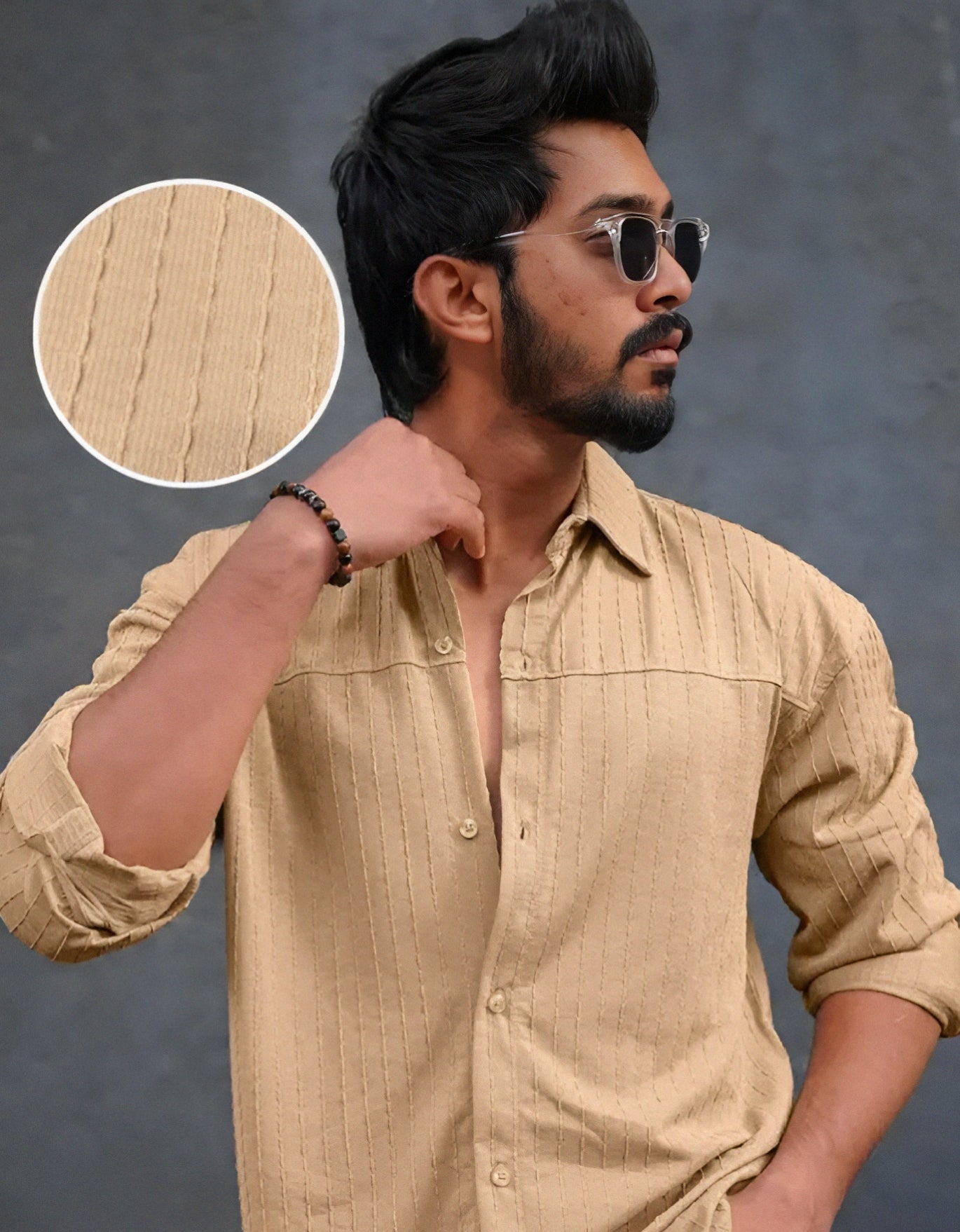 Men's textured line collared neck full sleeve cotton blend beige shirt