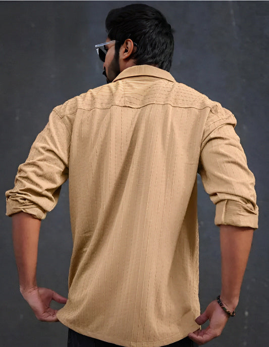 Men's textured line collared neck full sleeve cotton blend beige shirt
