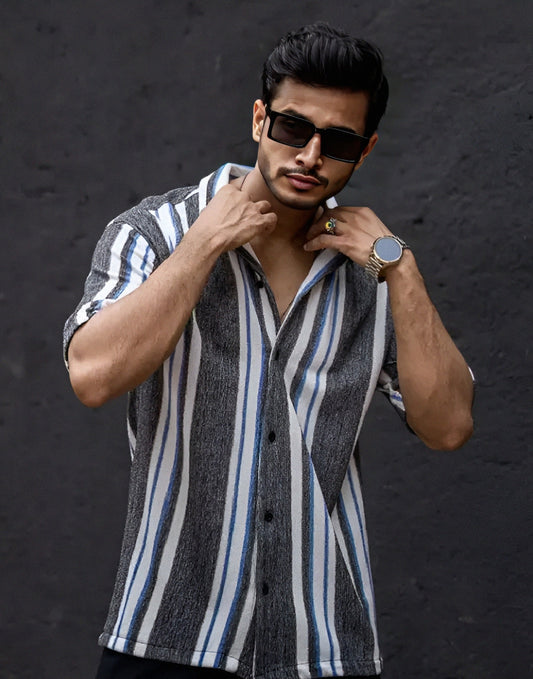 Men's striped collar neck half sleeve black cotton oversized shirt