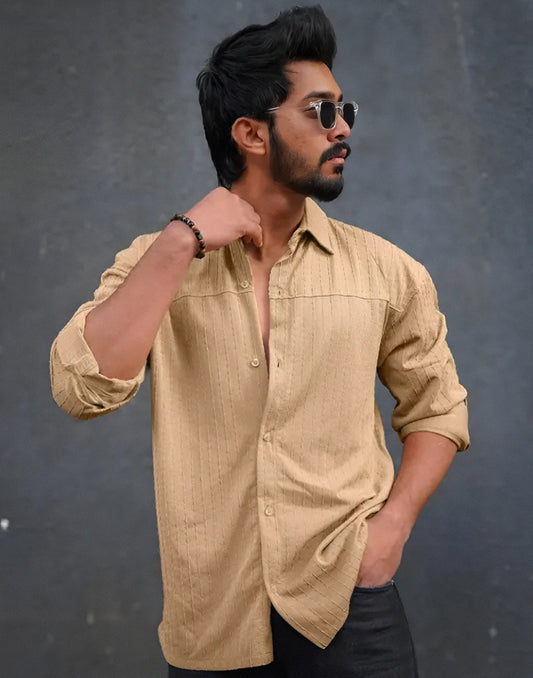 Men's textured line collared neck full sleeve cotton blend beige shirt