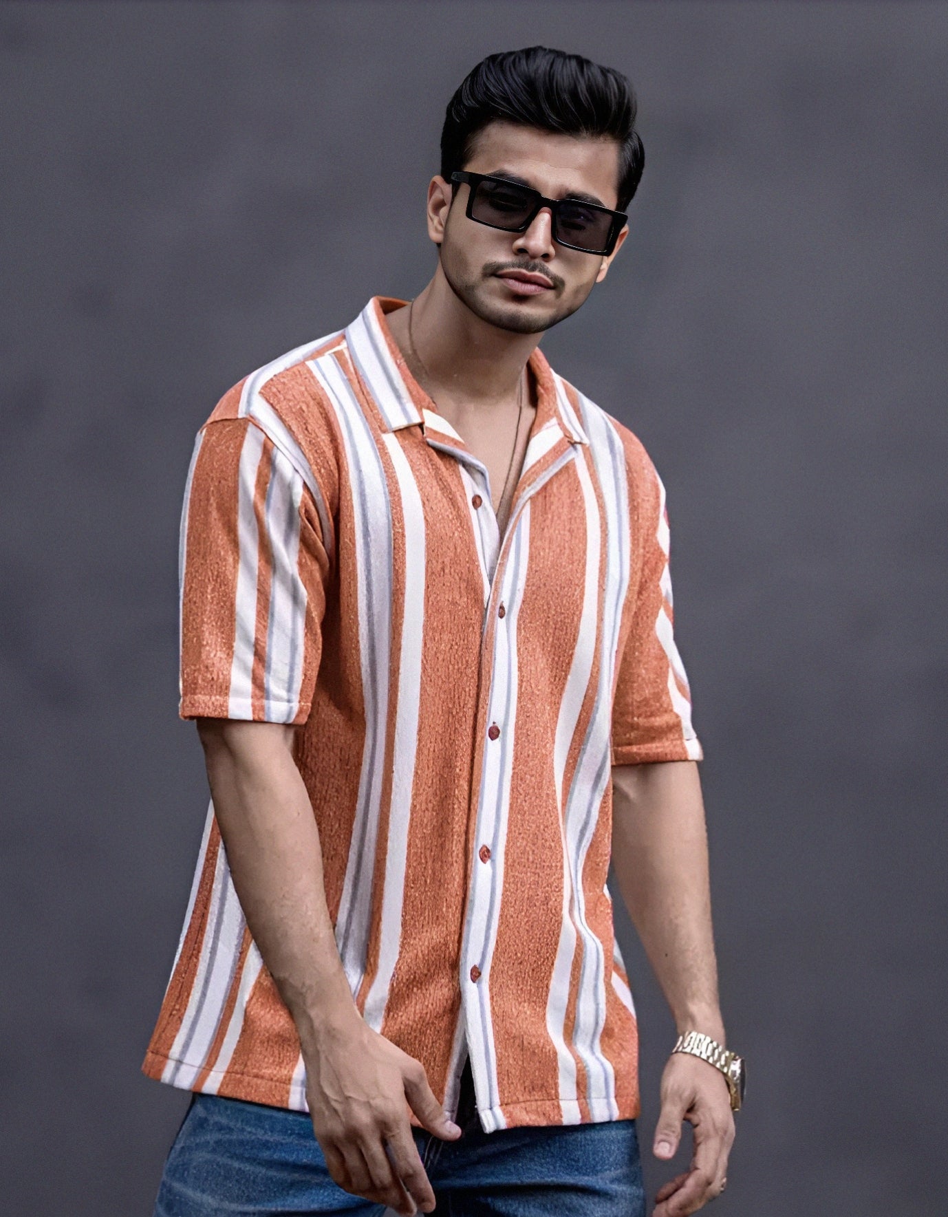 Men's vertical stripes regular cutaway collar multicollour shirt